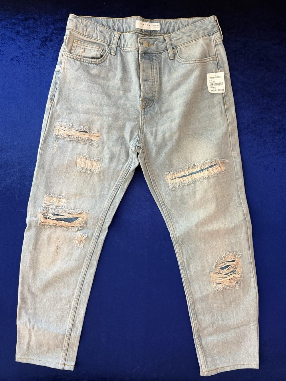 NWT Topman Men's Straight Fit Distressed Rip & Repair Jeans - Light Wash 32
